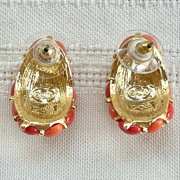 KJL Kenneth Jay Lane Earrings Signed Vintage Faux Coral Cabochon Post EUC - Picture 4 of 6